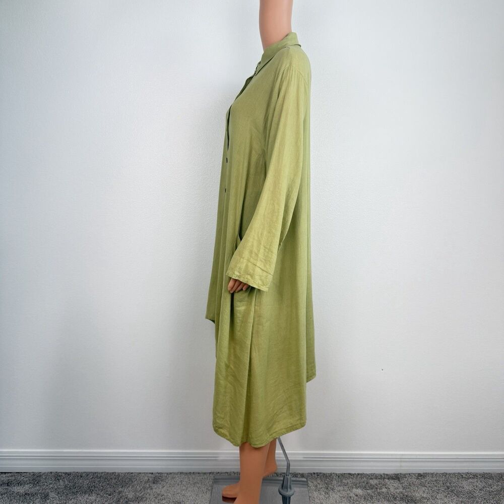 SAGA Green Linen Shirt Dress Pockets OS Lagenlook Long Sleeve Italy Made - Picture 2 of 14